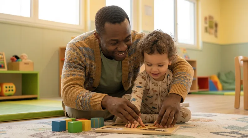 Parent et enfant jouant avec un puzzle en bois à la halte-garderie de Ste-Croix