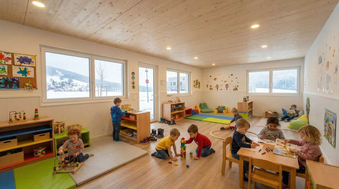 Enfants jouant dans la salle d'accueil du Jardin des Familles à Ste-Croix, avec vue sur le paysage enneigé du Jura