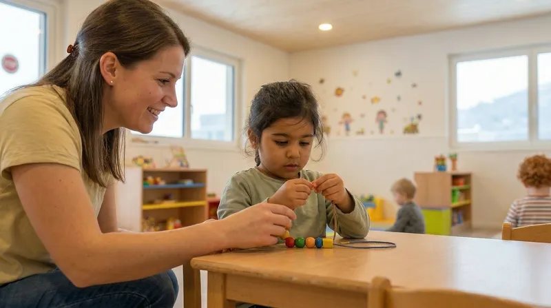 Educatrice accompagnant une enfant dans une activité de motricité fine au jardin d'enfants de Ste-Croix