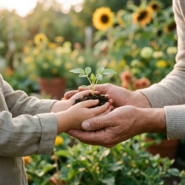 Mains d'un parent et d'un enfant tenant ensemble une jeune pousse, symbole du Jardin des Familles à Ste-Croix